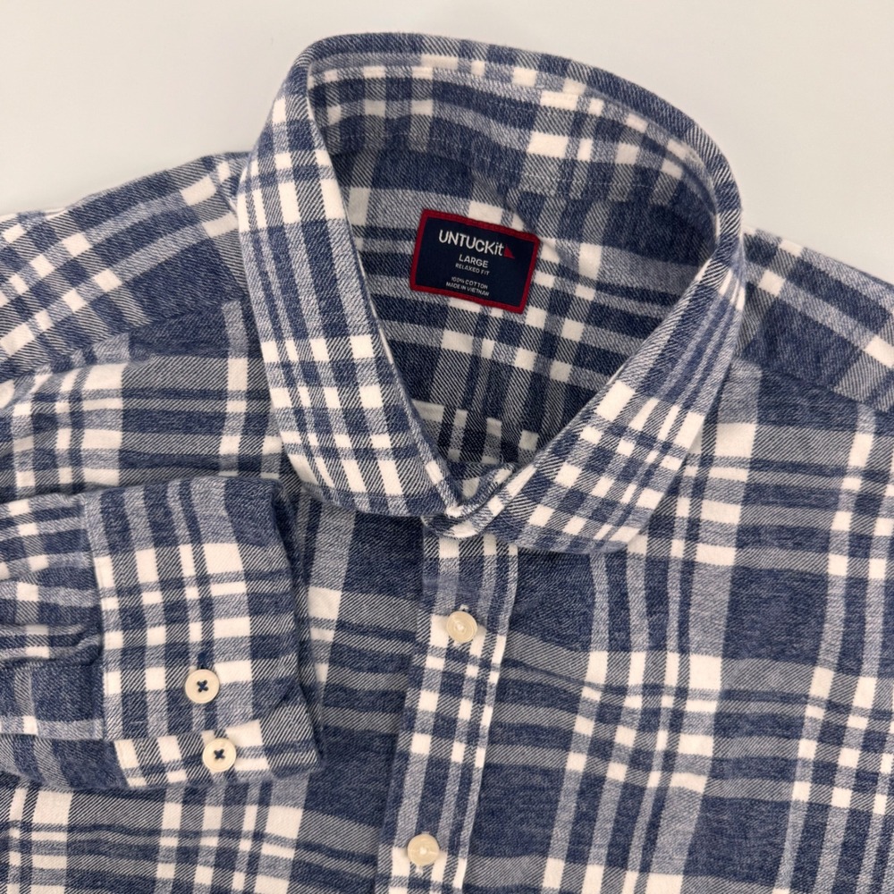 UNTUCKit Button Down Shirt Mens Large Blue White Plaid Relaxed Fit Flannel 8954